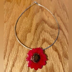 Red Poppy Dried Pressed Flower Pendant Silver Wire 16” Necklace